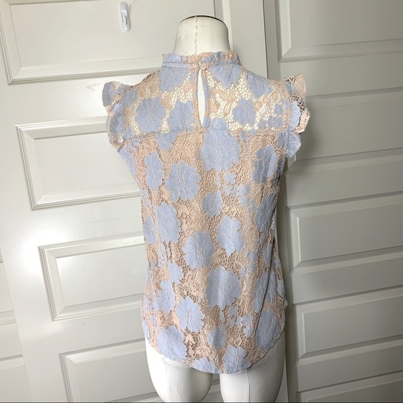 monteau Feminin Blue Floral Crochet Lace Top XS Baby Doll Cap Ruffle Sleeves - Picture 6 of 8